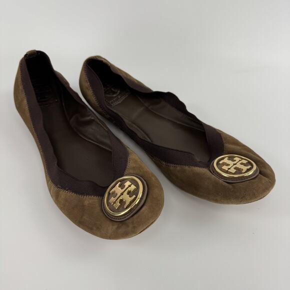 Tory Burch Caroline Ballet Flats Brown Soft Suede T Logo Round Toe size 9.5 M - Picture 1 of 11